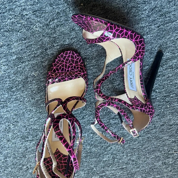 Jimmy Choo Pink and Black Print Patent Lance Strappy Sandals Size 36.5 - Picture 3 of 9